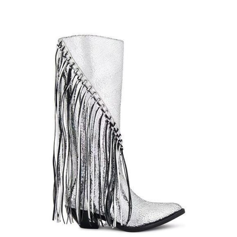 RAYE Jackson Western‎ Cowboy Boots 6.5 Silver Metallic Fringe Tassel Stagecoach